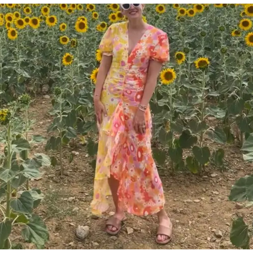 Rixo Whimsical Floral Colorblock Maxi Dress SMALL Ruched Orange Party Fun $420 - Picture 7 of 16